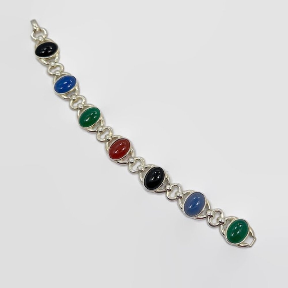 Stone Bracelet, Onyx, Calcedony, Green, Black, Sterling Bracelet, Vintage,Mixed - Picture 5 of 6